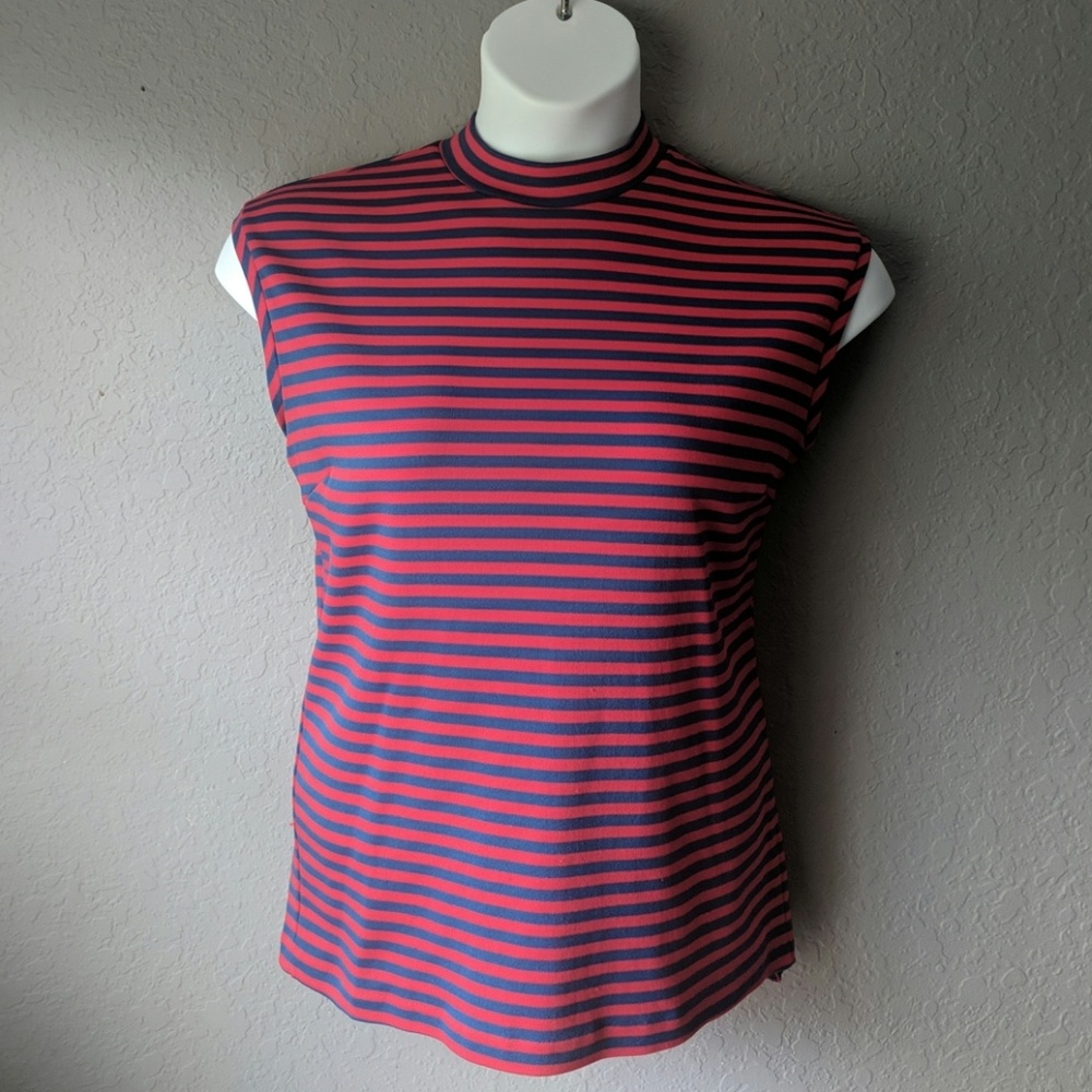 Retro High Neck Navy Red Striped Tank top
